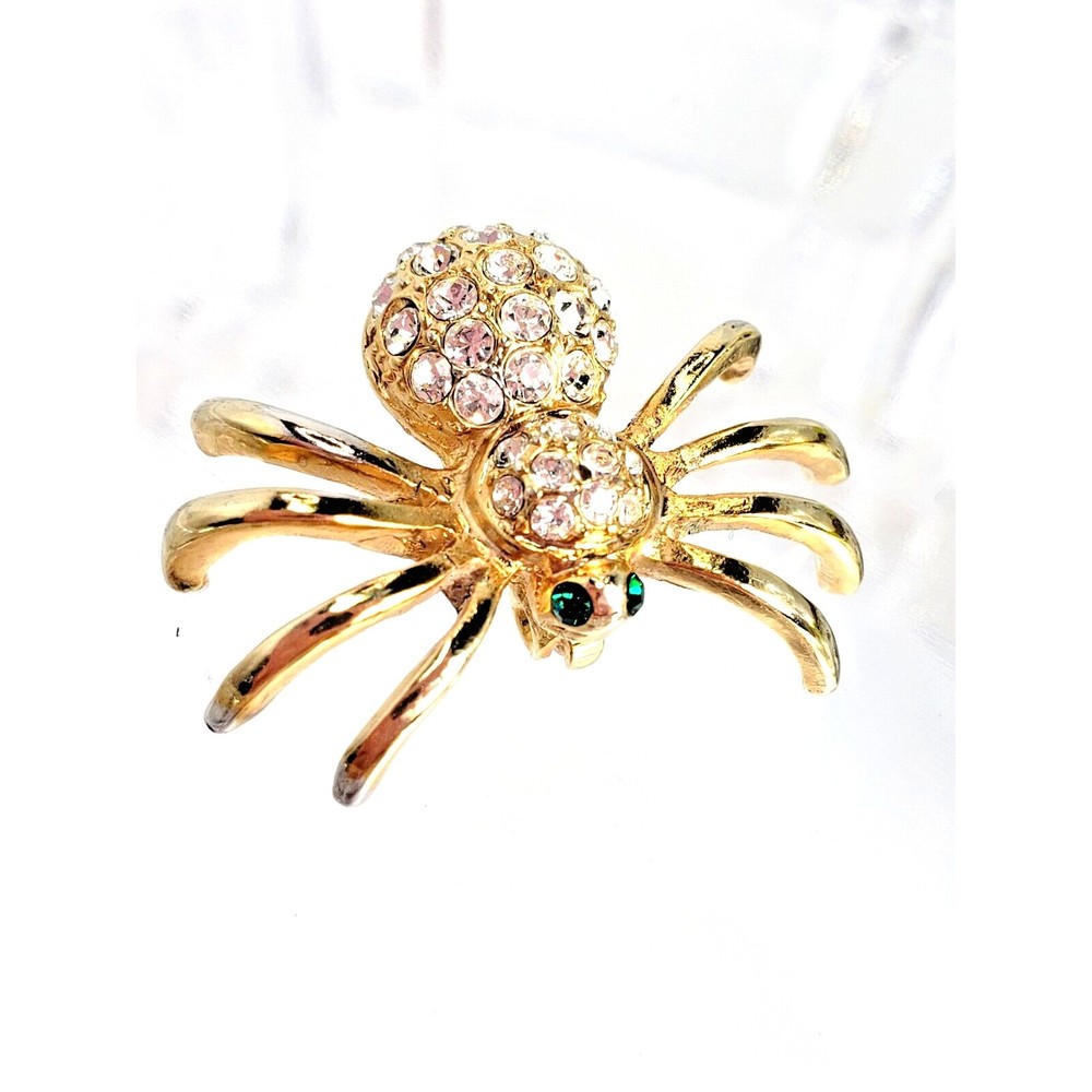 Spider Pin Green Eyes and Clear Swarovsky Crystal with Gold Tone Great Gift!